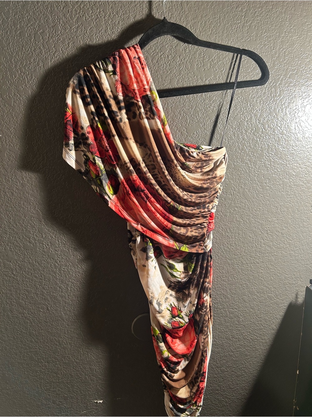 One-Shoulder Floral & Leopard Print Draped Dress in Brown and Coral